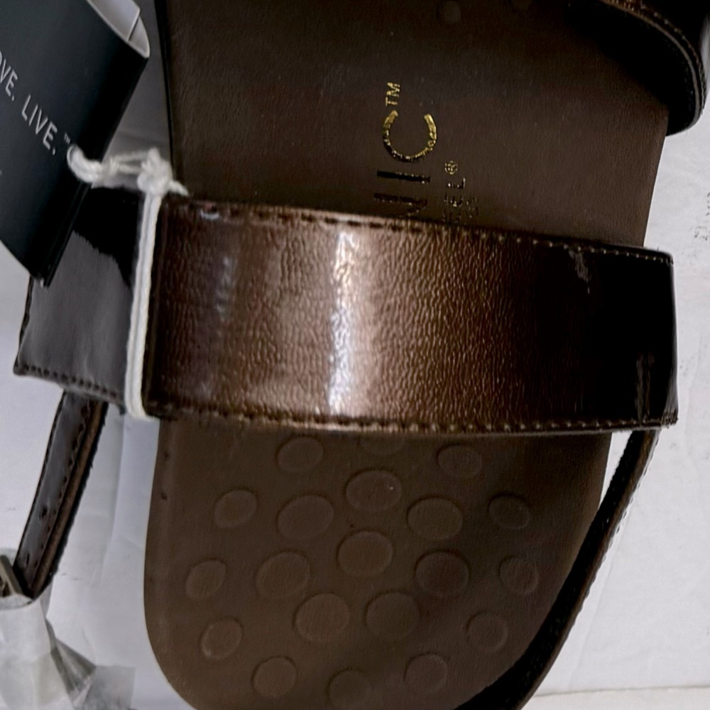 Vionic NEW Teagan 3 Strap Patent Bronze Faux Leather Adjustable Sandals Slides 8 - Picture 10 of 16